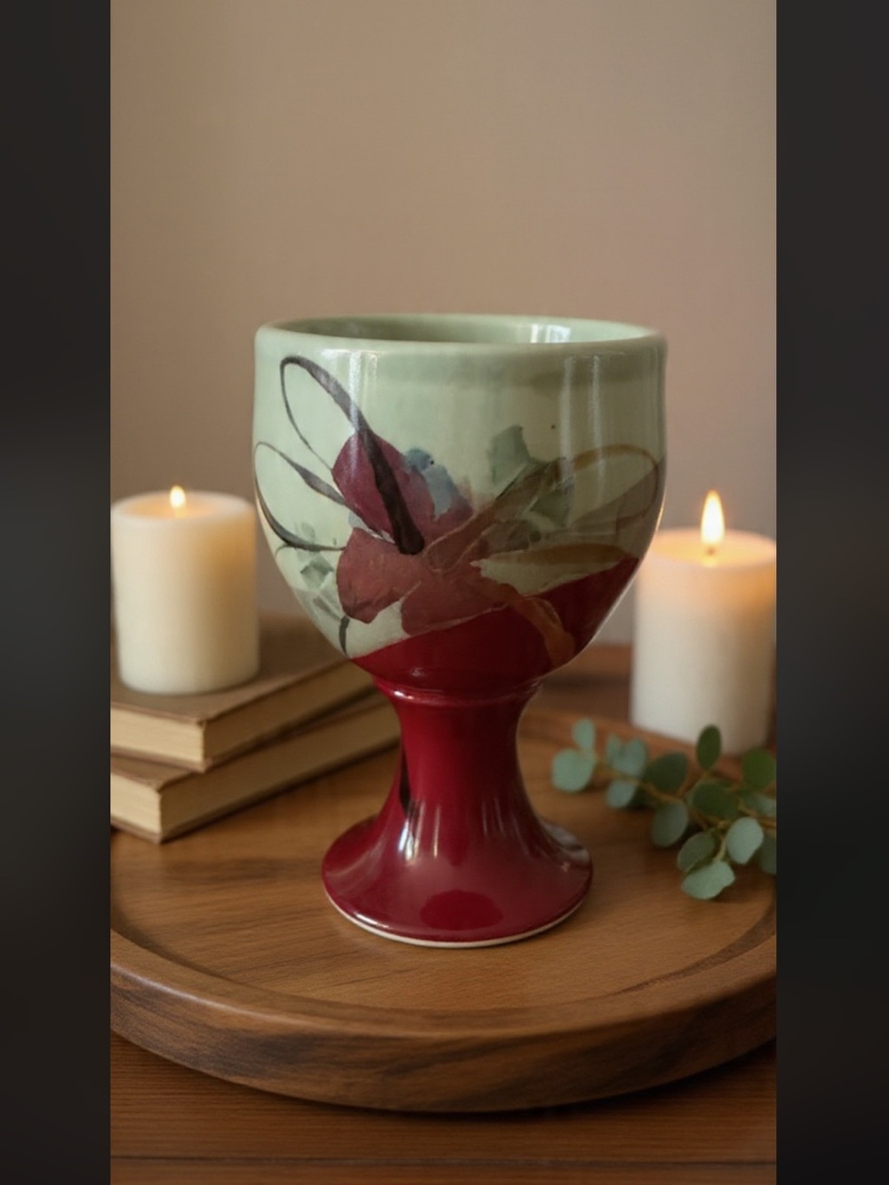 Hand-Painted Ceramic Goblet with Floral Motif in Sage and Berry